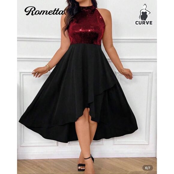 Rometta Plus Size Sequin Patchwork Asymmetric Hem Halter Dress Maxi Women Outfit - Picture 1 of 9